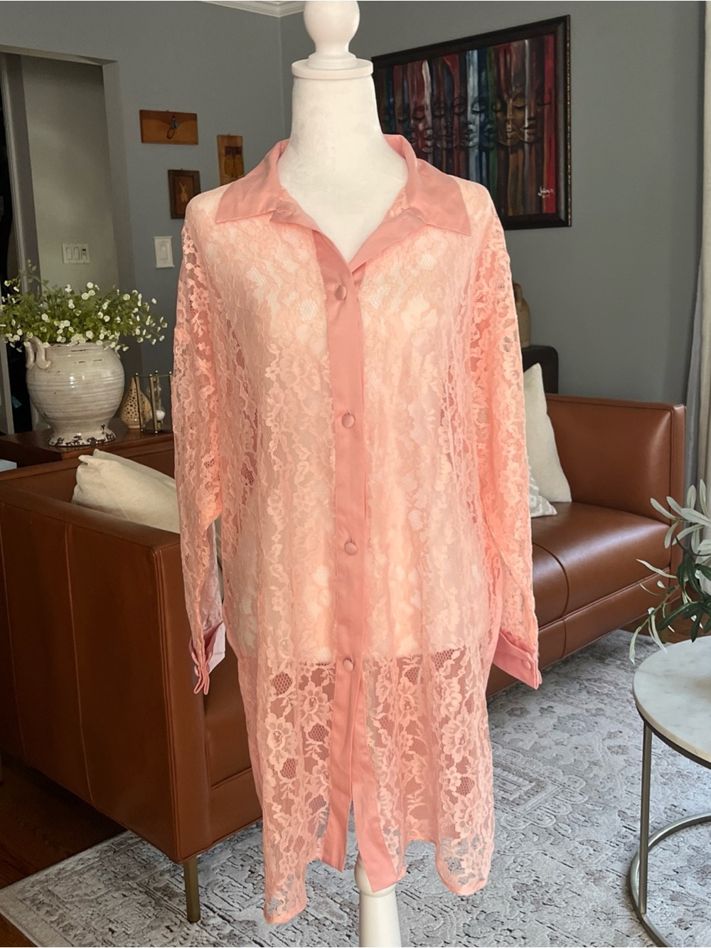VTG Victorias Secret Gold Label Pink Lace Button Front Nightshirt Size M/L Glam